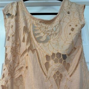 Free People Peach High-Low Embellished Mesh and Cotton Tee